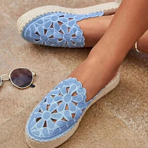 Blue Boho Women's Woman Floral Embroidered Flat Vacation Summer